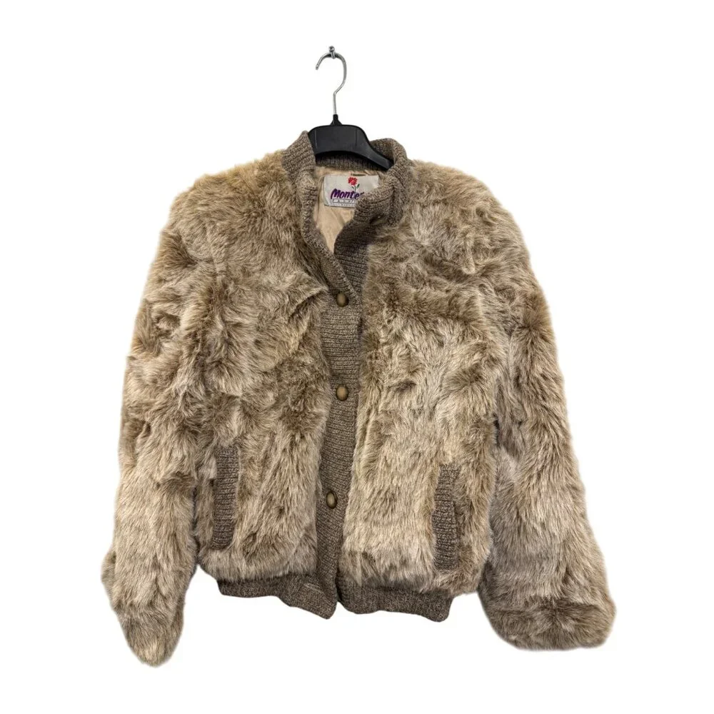 Vintage Monterey Fashions Faux Fur & Knit Womens Jacket Size 14 Tan Beige Made I - Picture 1 of 9